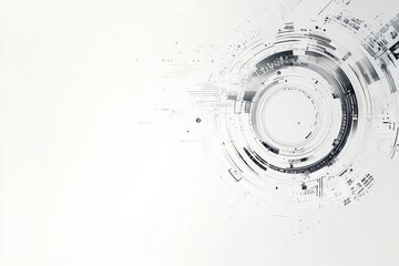 Wall Mural - A minimalist abstract background featuring a circular pattern of grey and white lines and shapes, symbolizing technology, innovation, connectivity, progress, and digital transformation.