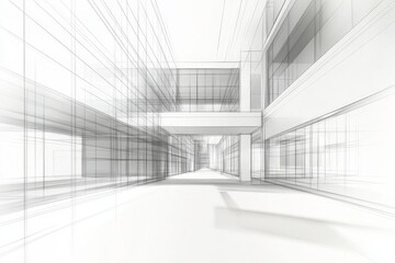 A minimalist white architectural sketch of a modern building interior featuring a hallway with large glass windows, symbolizing open space, transparency, innovation, progress, and connectivity.