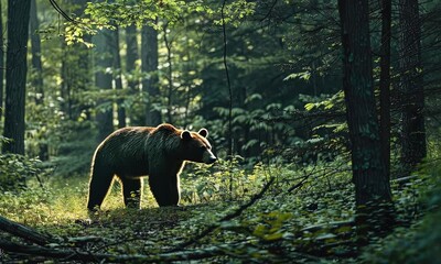 Wall Mural - brown bear in dense forest under dappled sunlight