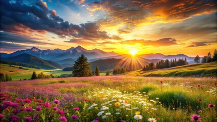 watercolor landscape of sunset over mountains and fields in summer with flowers on meadow background