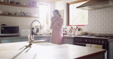 Poster - Happy woman, relax and drinking coffee in kitchen for morning, wakeup or enjoying caffeine at home. Female person smile in pajamas or satisfaction with cup of tea, beverage or cappuccino at house