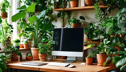 Wall Mural - Serene home office design featuring a cozy ambiance and vibrant indoor plants