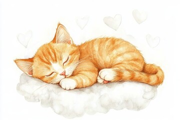 A sweet watercolor illustration of a ginger kitten peacefully sleeping on a fluffy cloud. Surrounded by hearts, the image evokes feelings of love, tranquility, and innocence.