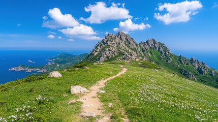 Poster - Mountain Hiking Trail with Ocean View and Wildflowers