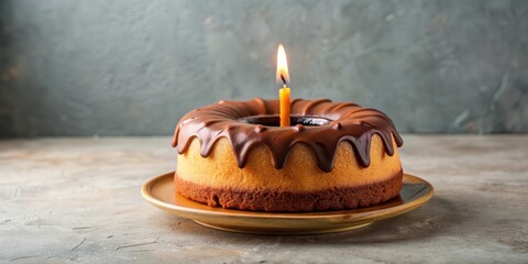 Delicious one pound cake with circle shaped chocolate decoration and a candle in the center , dessert, pastry