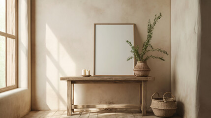 Wall Mural - A serene interior scene featuring a wooden table with a plant and candles, complemented by a large empty frame on the wall with copy space text.