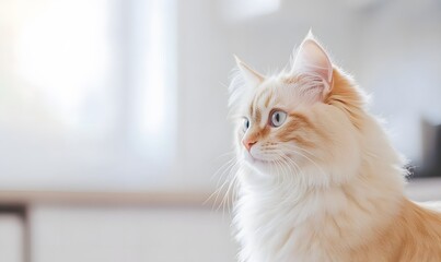 A ragdoll cat with luxurious fur stands in a bright kitchen.