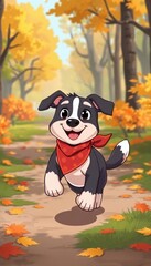 A happy cartoon dog with a bandana, running through a park filled with colorful autumn leaves