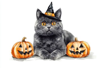 A watercolor illustration of a British Shorthair cat wearing a witch hat and sitting between two jack-o'-lantern pumpkins, symbolizing the spirit of Halloween, fun, festivity, cuteness, and companions