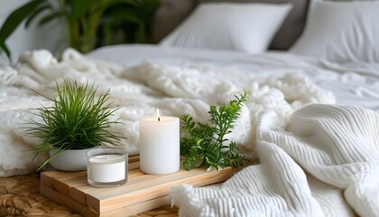 Wall Mural - Serene bedroom environment featuring a white rolled blanket, soft candlelight, and lush greenery