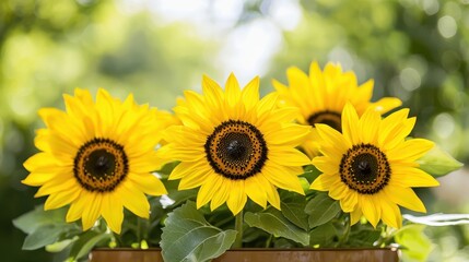 Poster - Close Up of Three Sunflowers with Green Leaves