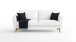 © CrazyJuke - Stylish white fabric sofa adorned with brown and white cushions, accented by a black blanket in a modern interior design plan.