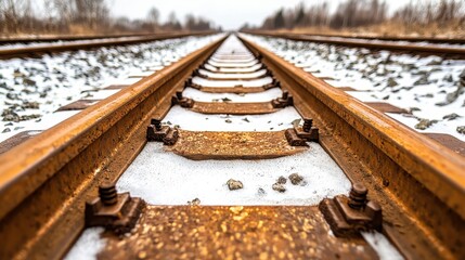 Poster - Close Up of Rusty Train Tracks Covered in Snow