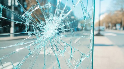 Canvas Print - Broken Glass Window Shattered Pane Crack Damage Closeup