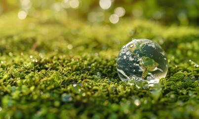 Earth inside a clear water droplet on moss, showcasing nature s beauty The vibrant greens contrast with the globe s colors, representing sustainability and environmental awareness