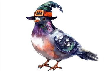 A whimsical watercolor illustration of a pigeon wearing a witch's hat with an orange band and a gold buckle. The pigeon is depicted with a playful expression, symbolizing the celebration of Halloween,