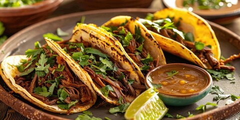 Sticker - Shredded beef tacos with herbs and dipping sauce served on a plate.