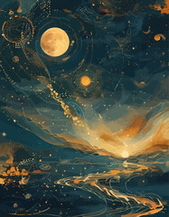 Wall Mural - Galactic Night Sky with Moon and Stars