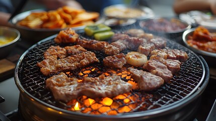 Wall Mural - Meat being grilled on a Korean grill, Korean barbecue