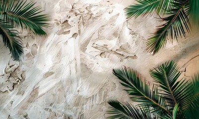 Wall Mural - light-colored textured background with green palm leaves at edges