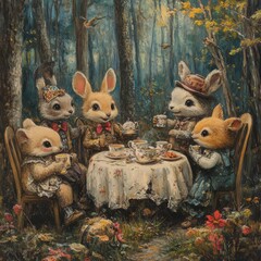 Sticker - A whimsical tea party with anthropomorphic animals in a forest setting.