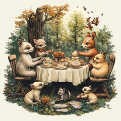 Sticker - A whimsical tea party with adorable animals enjoying pastries in a serene forest setting.