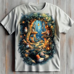 Canvas Print - A whimsical t-shirt design featuring a forest scene with gnomes and glowing lanterns.