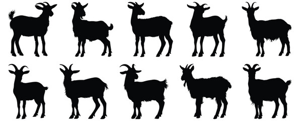 Goat silhouettes set, animal pack of vector silhouette design, isolated background