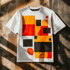 Wall Mural - A white t-shirt featuring abstract geometric shapes in vibrant colors.