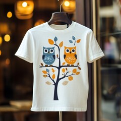 Canvas Print - A white t-shirt featuring two colorful owls perched on a tree with leaves.