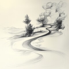 Poster - A winding road through a serene landscape with trees and clouds.