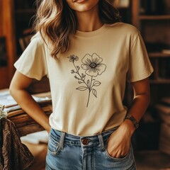 Wall Mural - A woman wearing a beige t-shirt with a floral graphic, posing in a cozy indoor setting.