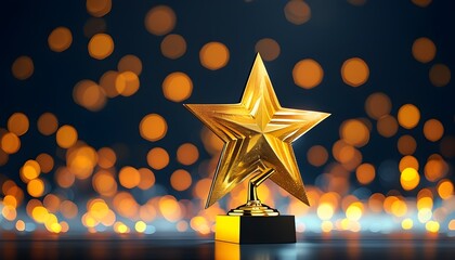 Wall Mural - Elegant golden star-shaped trophy sparkling against a shimmering bokeh light backdrop