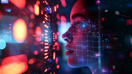 Wall Mural - woman's face with digital grid overlay futuristic cyberspace concept