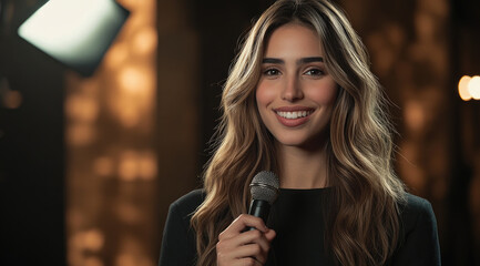 Sticker - A beautiful female influencer being interviewed on camera, wearing black and smiling at the viewer.