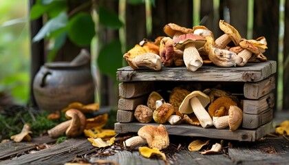 Rustic wooden shed filled with dried mushrooms highlighting foraging, culinary ingredients, and natural preservation methods