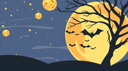 A spooky Halloween cartoon background with a prominent moon. The moon is shining brightly in the night sky, casting an eerie glow