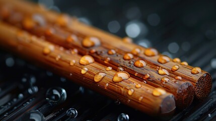 Close-up of wet wooden chopsticks on a black surface.