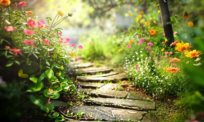 Wall Mural - sunlit garden path surrounded by colorful flowers in full bloom