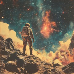 Poster - An astronaut stands on a rocky surface, gazing at a vibrant cosmic landscape filled with stars.