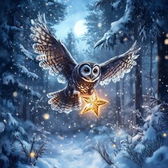 Sticker - An owl flying through a snowy forest at night, holding a star.