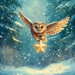 Poster - An owl flying through a snowy forest, carrying a golden star amidst falling snowflakes.