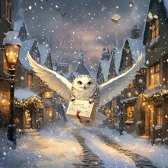 Poster - An owl flying through a snowy village, delivering a letter amidst festive decorations.