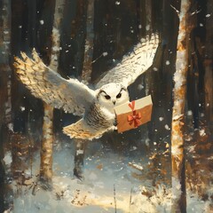 Poster - An owl gracefully flying through a snowy forest, delivering a gift.