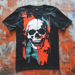 Sticker - Black t-shirt featuring a bold skull graphic with colorful paint splashes.