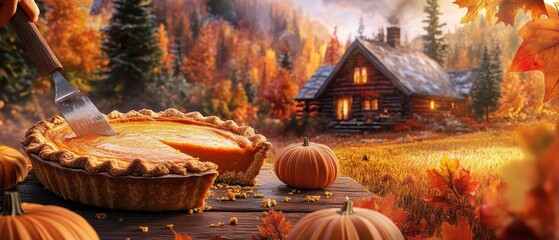 Poster - Cozy Autumn Cabin in the Woods with Pumpkin Pie