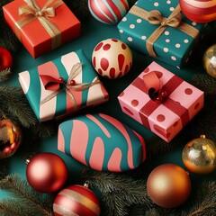 Poster - Colorful holiday gifts and ornaments arranged with festive greenery.