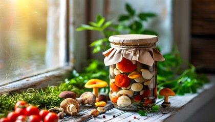 Vibrant jar of pickled mushrooms basking in sunlight on a windowsill, celebrating the art of home canning and organic preservation with inviting copy space.