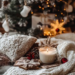 Wall Mural - Cozy winter scene with candles, cookies, and festive decorations.