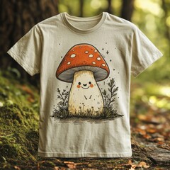 Sticker - Cute mushroom illustration on a light-colored t-shirt.